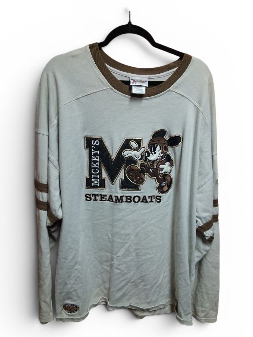Vintage Mickey's Steamboats Graphic Long Sleeve Tee - Beige And Brown XL